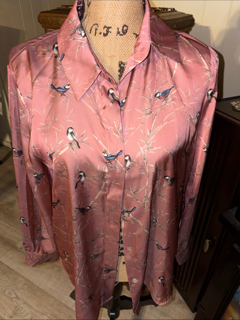 Zara Pink Bird-Print Satin Button-Down Shirt
